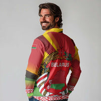 Belarus Red and Yellow National Crest Long Sleeve Polo Shirt with Pahonia Knight and Folk Motif Design