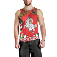 Belarus Red and Yellow National Crest Men Tank Top with Pahonia Knight and Folk Motif Design