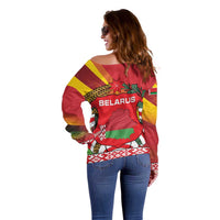 Belarus Red and Yellow National Crest Off Shoulder Sweater with Pahonia Knight and Folk Motif Design