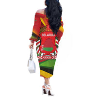 Belarus Red and Yellow National Crest Off The Shoulder Long Sleeve Dress with Pahonia Knight and Folk Motif Design