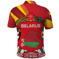 Belarus Red and Yellow National Crest Polo Shirt with Pahonia Knight and Folk Motif Design