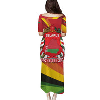 Belarus Red and Yellow National Crest Puletasi with Pahonia Knight and Folk Motif Design