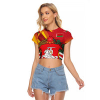 Belarus Red and Yellow National Crest Raglan Cropped T Shirt with Pahonia Knight and Folk Motif Design