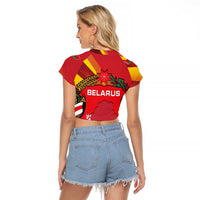 Belarus Red and Yellow National Crest Raglan Cropped T Shirt with Pahonia Knight and Folk Motif Design