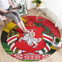 Belarus Red and Yellow National Crest Round Carpet with Pahonia Knight and Folk Motif Design