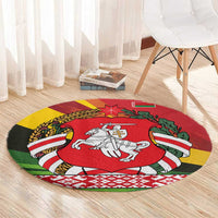Belarus Red and Yellow National Crest Round Carpet with Pahonia Knight and Folk Motif Design