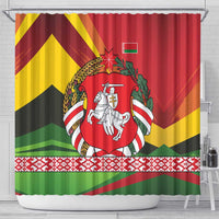 Belarus Red and Yellow National Crest Shower Curtain with Pahonia Knight and Folk Motif Design