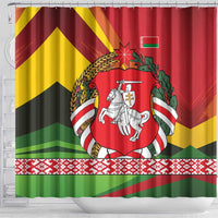 Belarus Red and Yellow National Crest Shower Curtain with Pahonia Knight and Folk Motif Design