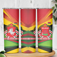 Belarus Red and Yellow National Crest Skinny Tumbler with Pahonia Knight and Folk Motif Design