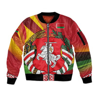 Belarus Red and Yellow National Crest Sleeve Zip Bomber Jacket with Pahonia Knight and Folk Motif Design