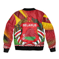 Belarus Red and Yellow National Crest Sleeve Zip Bomber Jacket with Pahonia Knight and Folk Motif Design