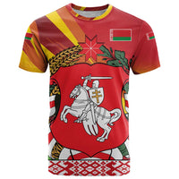 Belarus Red and Yellow National Crest T Shirt with Pahonia Knight and Folk Motif Design