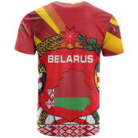Belarus Red and Yellow National Crest T Shirt with Pahonia Knight and Folk Motif Design