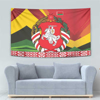 Belarus Red and Yellow National Crest Tapestry with Pahonia Knight and Folk Motif Design