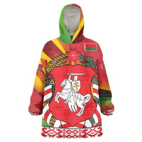 Belarus Red and Yellow National Crest Wearable Blanket Hoodie with Pahonia Knight and Folk Motif Design