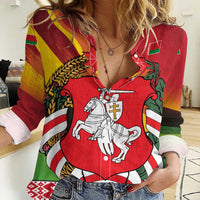 Belarus Red and Yellow National Crest Women Casual Shirt with Pahonia Knight and Folk Motif Design