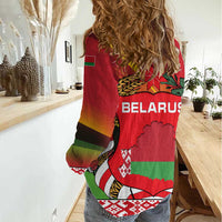 Belarus Red and Yellow National Crest Women Casual Shirt with Pahonia Knight and Folk Motif Design