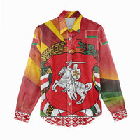 Belarus Red and Yellow National Crest Women Casual Shirt with Pahonia Knight and Folk Motif Design