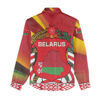 Belarus Red and Yellow National Crest Women Casual Shirt with Pahonia Knight and Folk Motif Design