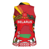 Belarus Red and Yellow National Crest Women Sleeveless Polo Shirt with Pahonia Knight and Folk Motif Design
