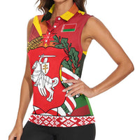 Belarus Red and Yellow National Crest Women Sleeveless Polo Shirt with Pahonia Knight and Folk Motif Design
