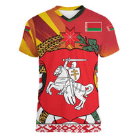 Belarus Red and Yellow National Crest Women V-Neck T-Shirt with Pahonia Knight and Folk Motif Design