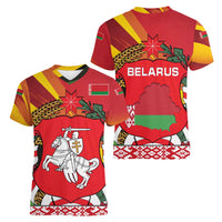 Belarus Red and Yellow National Crest Women V-Neck T-Shirt with Pahonia Knight and Folk Motif Design