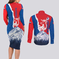 Slovakia – Red Blue Deer and Mountain Design Couples Matching Long Sleeve Bodycon Dress and Long Sleeve Button Shirt with National Symbols