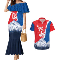 Slovakia – Red Blue Deer and Mountain Design Couples Matching Mermaid Dress and Hawaiian Shirt with National Symbols
