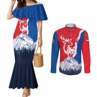 Slovakia – Red Blue Deer and Mountain Design Couples Matching Mermaid Dress and Long Sleeve Button Shirt with National Symbols