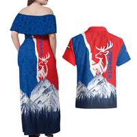 Slovakia – Red Blue Deer and Mountain Design Couples Matching Off Shoulder Maxi Dress and Hawaiian Shirt with National Symbols