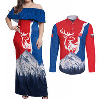 Slovakia – Red Blue Deer and Mountain Design Couples Matching Off Shoulder Maxi Dress and Long Sleeve Button Shirt with National Symbols