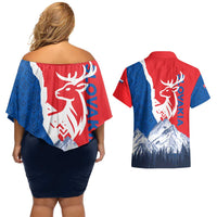 Slovakia – Red Blue Deer and Mountain Design Couples Matching Off Shoulder Short Dress and Hawaiian Shirt with National Symbols