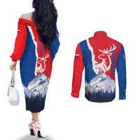 Slovakia – Red Blue Deer and Mountain Design Couples Matching Off The Shoulder Long Sleeve Dress and Long Sleeve Button Shirt with National Symbols