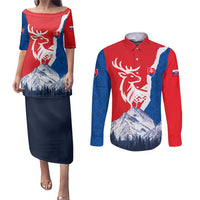 Slovakia – Red Blue Deer and Mountain Design Couples Matching Puletasi and Long Sleeve Button Shirt with National Symbols