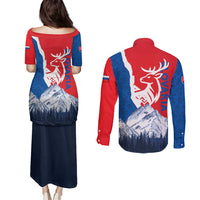 Slovakia – Red Blue Deer and Mountain Design Couples Matching Puletasi and Long Sleeve Button Shirt with National Symbols