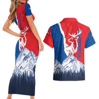 Slovakia – Red Blue Deer and Mountain Design Couples Matching Short Sleeve Bodycon Dress and Hawaiian Shirt with National Symbols