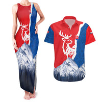 Slovakia – Red Blue Deer and Mountain Design Couples Matching Tank Maxi Dress and Hawaiian Shirt with National Symbols