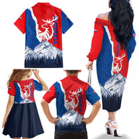 Slovakia – Red Blue Deer and Mountain Design Family Matching Off The Shoulder Long Sleeve Dress and Hawaiian Shirt with National Symbols