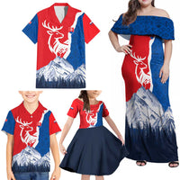 Slovakia – Red Blue Deer and Mountain Design Family Matching Off Shoulder Maxi Dress and Hawaiian Shirt with National Symbols
