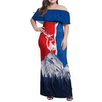 Slovakia – Red Blue Deer and Mountain Design Family Matching Off Shoulder Maxi Dress and Hawaiian Shirt with National Symbols