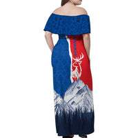 Slovakia – Red Blue Deer and Mountain Design Family Matching Off Shoulder Maxi Dress and Hawaiian Shirt with National Symbols