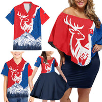 Slovakia – Red Blue Deer and Mountain Design Family Matching Off Shoulder Short Dress and Hawaiian Shirt with National Symbols