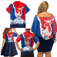 Slovakia – Red Blue Deer and Mountain Design Family Matching Off Shoulder Short Dress and Hawaiian Shirt with National Symbols