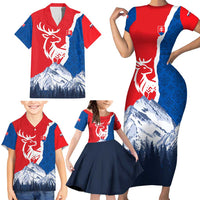 Slovakia – Red Blue Deer and Mountain Design Family Matching Short Sleeve Bodycon Dress and Hawaiian Shirt with National Symbols