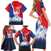 Slovakia – Red Blue Deer and Mountain Design Family Matching Short Sleeve Bodycon Dress and Hawaiian Shirt with National Symbols