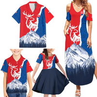 Slovakia – Red Blue Deer and Mountain Design Family Matching Summer Maxi Dress and Hawaiian Shirt with National Symbols