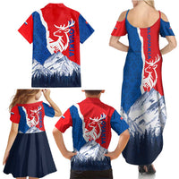 Slovakia – Red Blue Deer and Mountain Design Family Matching Summer Maxi Dress and Hawaiian Shirt with National Symbols