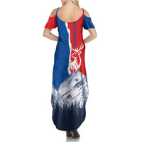 Slovakia – Red Blue Deer and Mountain Design Family Matching Summer Maxi Dress and Hawaiian Shirt with National Symbols
