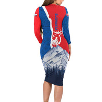 Slovakia – Red Blue Deer and Mountain Design Long Sleeve Bodycon Dress with National Symbols